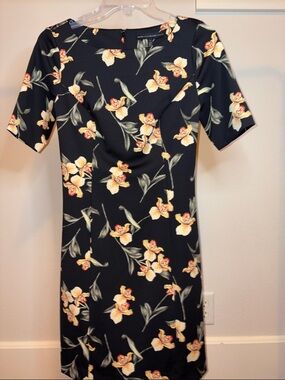 White House Black Market Black Sheath Dress with Yellow-Orange Floral Print
